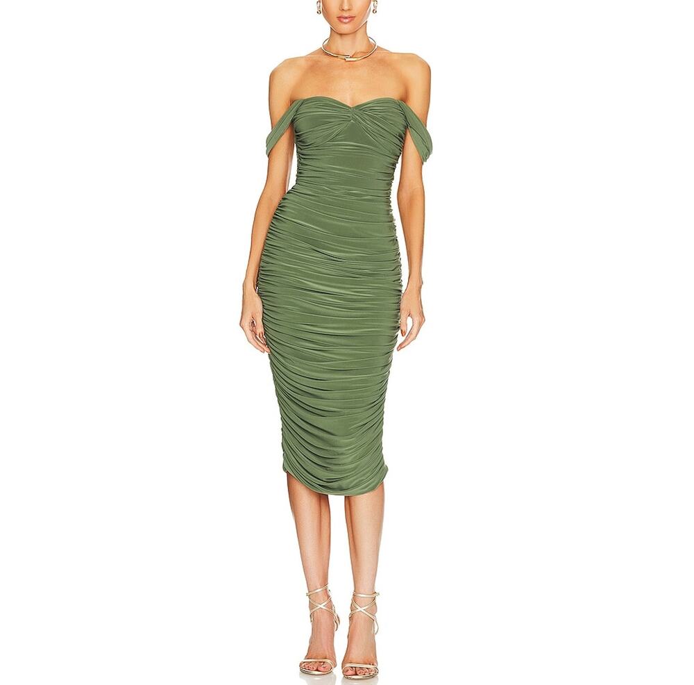Norma Kamali Ruched Green Walter Midi Dress Size XS